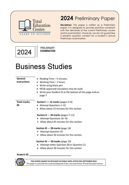 2024 Preliminary (Yr 11) Business Studies